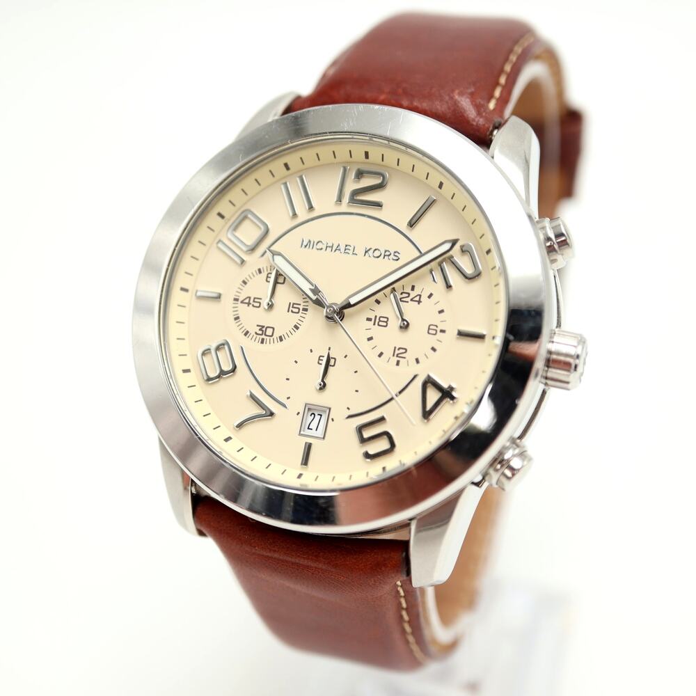 Michael Kors Mercer Men's 45mm Beige Chronograph Watch Brown Leather MK8292